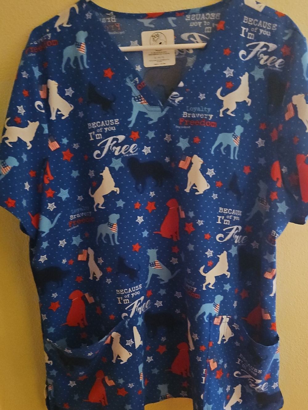Women's Blue Patriotic Dog-Print Scrub Top